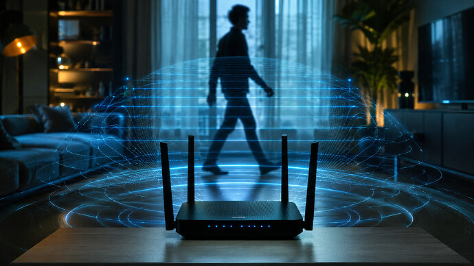 Ein WLAN-Router sendet digitale Funkwellen aus, während sich eine Person im Hintergrund durch einen Raum bewegt. Die Illustration symbolisiert WiFi-Tracking und WLAN-Überwachung durch Router-Signale.
