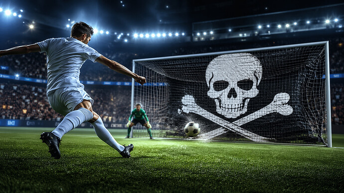 IPTV-Piraterie Rekordstrafe: Fußball fliegt ins Tornetz mit Piraten-Totenkopf als Symbol für illegales Streaming