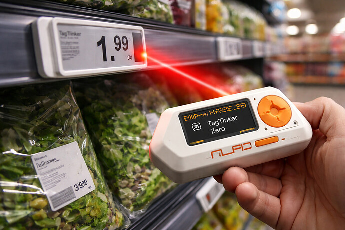 Flipper Zero mit TagTinker im Einsatz: Digitale Preisschilder lassen sich per Infrarot gezielt ansprechen.
