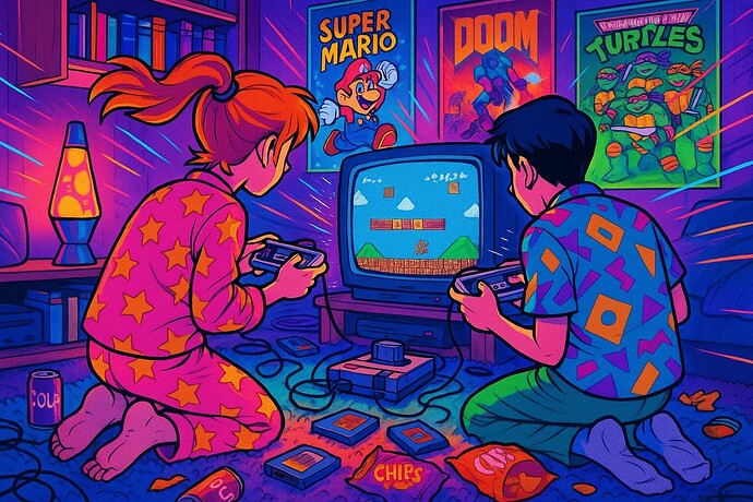 ROM Downloads, zwei Kinder im Spielzimmer zocken an einer klassischen Spielkonsole.