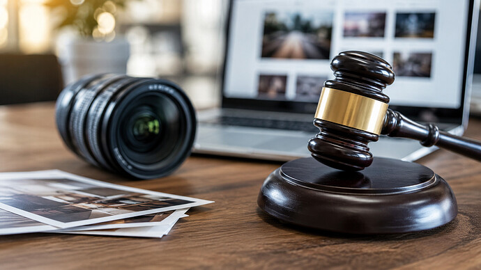Richterhammer neben Kameraobjektiv und Fotografien als Symbolbild für Bildrechte, Nutzungsrechte und die Haftung von Händlern bei fremden Werbefotos.