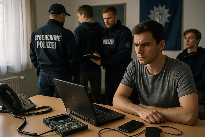 Symbolfoto zur Cybercrime-Ermittlung gegen Jugendliche: Zwei Polizisten in Uniform führen eine Hausdurchsuchung durch, während ein junger Mann an einem Tisch mit geöffnetem Laptop und sichergestellten Geräten sitzt. Das Foto dient als Symbolbild für Cybercrime-Ermittlungen gegen Jugendliche.