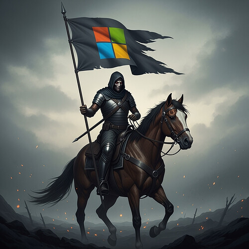 Der Reiter der Enshittification schwenkt die Flagge von Microsoft.