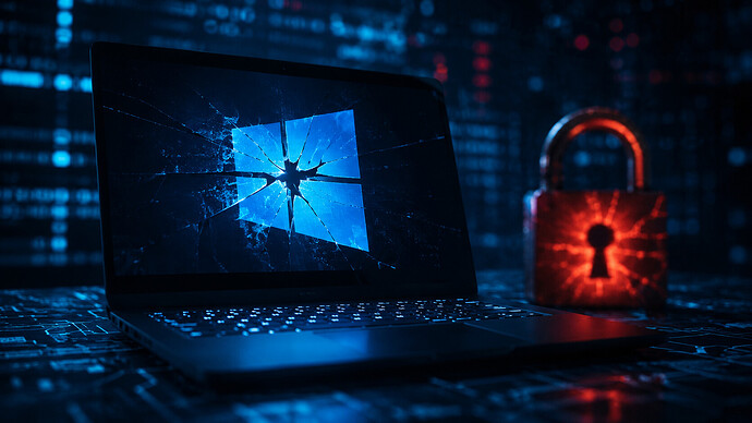 Symbolbild eines Windows-Laptops mit beschädigtem Windows-Logo und leuchtendem roten Vorhängeschloss als Darstellung eines Windows-Zero-Days, SYSTEM-Rechten und möglicher Schwächen in Microsofts Sicherheitsupdates.