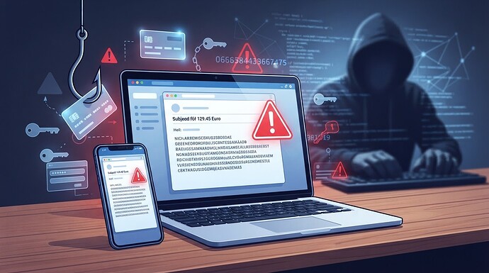 Cartoonhaftes Titelbild zu einer Phishing-Warnung: Auf einem Laptop oder Smartphone erscheint eine verdächtige E-Mail mit angeblicher Rückerstattung, begleitet von Warnsymbolen und einer bedrohlichen, anonymen Figur im Hintergrund. Das Bild vermittelt die Gefahr eines Datenbetrugs im Zusammenhang mit Amazon- und Klarna-Kunden.