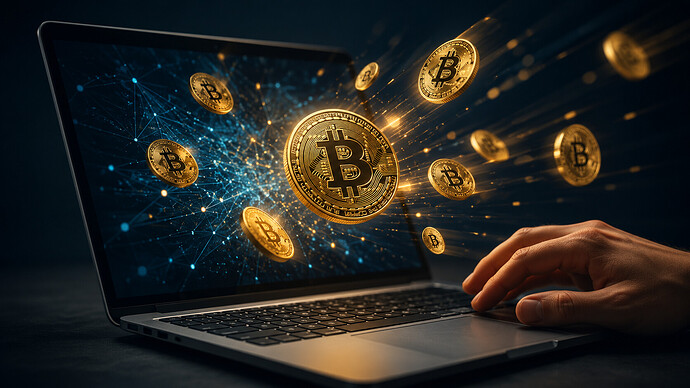 Laptop mit fliegenden Bitcoin-Symbolen und einer Hand auf der Tastatur als Symbolbild für KI-gestützte Wallet-Recovery und verlorene Kryptowährungen.