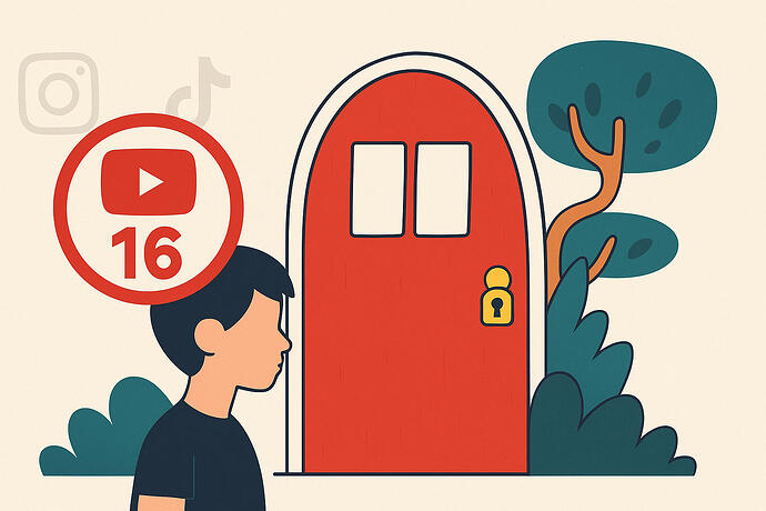 Zu sehen ist die Illustration eines Kindes, das vor einer großen roten Tür mit Schloss steht. Daneben ist ein YouTube-Symbol mit der Zahl 16 zu sehen, im Hintergrund schemenhaft die Logos von Instagram und TikTok. Die Szene symbolisiert Altersbeschränkungen bei sozialen Medien.
