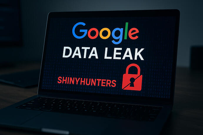 Laptop mit geöffneter Benutzeroberfläche. Auf dem Bildschirm ist die visuelle Darstellung eines Datenlecks bei Google zu sehen, inklusive Warnsymbol (rotes Schloss) und Hinweis auf einen Angriff der Hackergruppe ShinyHunters.