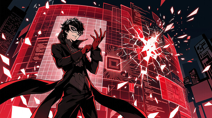 Persona-5-Royal-Charakter Joker vor einer digitalen Schutzbarriere als Symbol für den Hypervisor-Bypass und den Kampf gegen Denuvo.