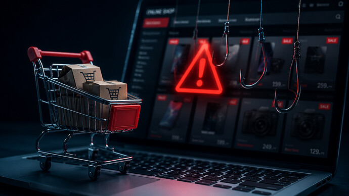 Symbolbild eines mutmaßlichen Fakeshops auf einem Laptop mit Einkaufswagen, Warnsymbol und Phishing-Haken.