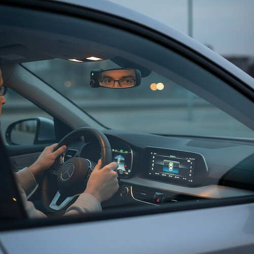 Außenansicht durch das Beifahrerfenster in den Fahrzeuginnenraum bei Dämmerung; der Fahrer sitzt am Steuer, seine Augen sind im Rückspiegel erkennbar. Neben dem Rückspiegel ist eine kleine Innenraumkamera mit grüner Status‑LED deutlich sichtbar; Hintergrundlichter sind weich verschwommen.