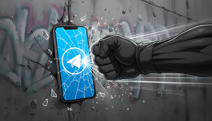 A fist crushing a phone running the Telegram App