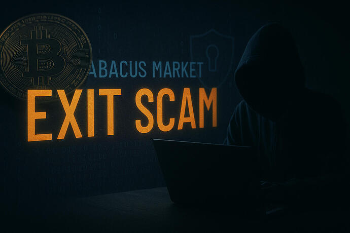 Zu sehen ist ein dunkles digitales Bild mit einer vermummten Person in einem Kapuzenpullover vor einem Laptop. Links davon ist ein stilisierter Bitcoin zu sehen, im Hintergrund stehen die Worte „Exit Scam“ und „Abacus Market“.
