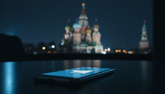 Ein Smartphone liegt auf einer dunklen, spiegelnden Oberfläche. Auf dem Display leuchtet das blaue Telegram-Logo vor einem verschwommenen, nächtlich beleuchteten Hintergrund, der die Silhouette des Moskauer Kremls andeutet. Die Szene ist in kühlen Blau- und dramatischen Rottönen gehalten und vermittelt eine Atmosphäre von Überwachung und politischer Spannung.