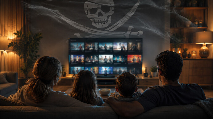 Familie vor einem Smart-TV mit Streaming-Inhalten, darüber eine Piratenflagge als Symbol für IPTV-Piraterie und das als „Piraten-Netflix“ bezeichnete illegale Streaming-Netzwerk.