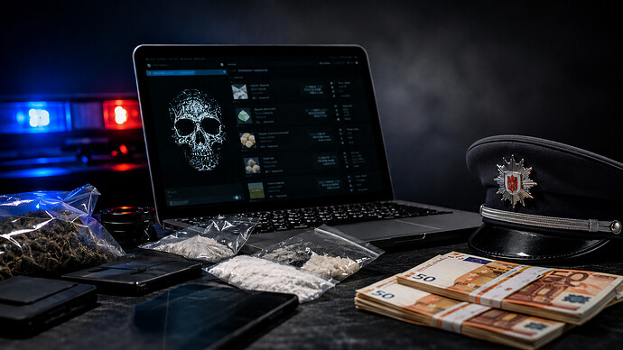 Symbolbild zum Darknet-Drogenhandel mit Laptop, Drogen, Bargeld und Polizeimütze im Zusammenhang mit Ermittlungen gegen einen Zollbeamten und einen Polizeibeamten.