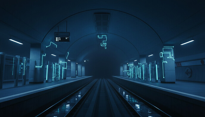 Dunkle Londoner U-Bahn-Station mit digitalen Netzwerkverbindungen und Datenströmen als Symbol für einen Cyberangriff durch die Hackergruppe Scattered Spider.
