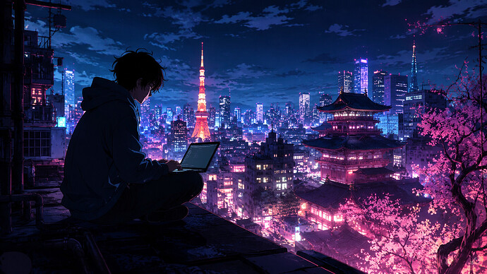 Anime-inspirierter Nutzer mit Laptop auf einem Hausdach vor einer nächtlichen japanischen Großstadt