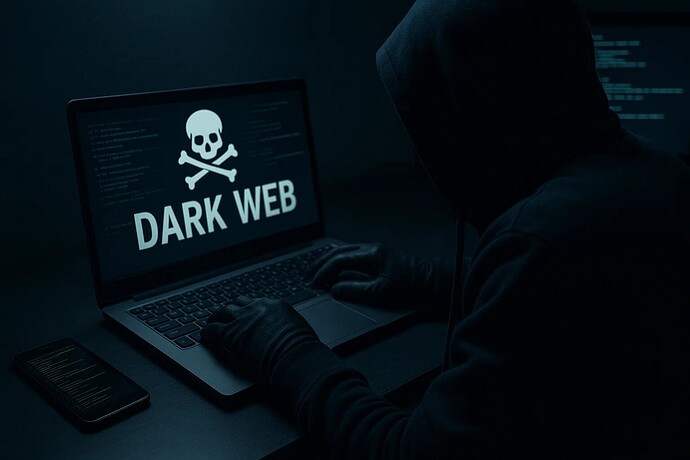Darknet Marktplätze 2025, a hacker is sitting in a dark room in front of a notebook, the browser shows "Dark Web".