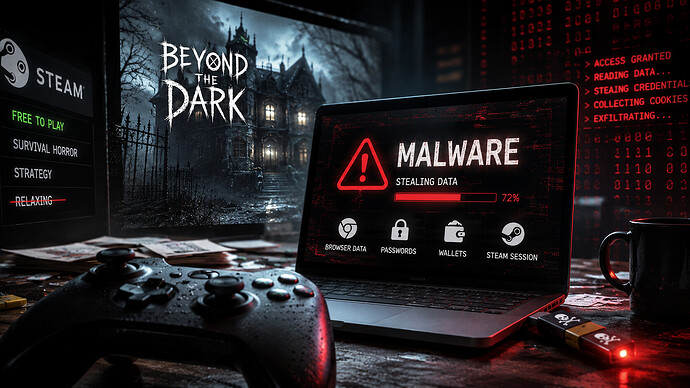 Cybercrime-Symbolbild zu Beyond The Dark mit Malware-Warnung, Steam-Bezug und mutmaßlichem Datendiebstahl über ein manipuliertes Horror-Spiel.
