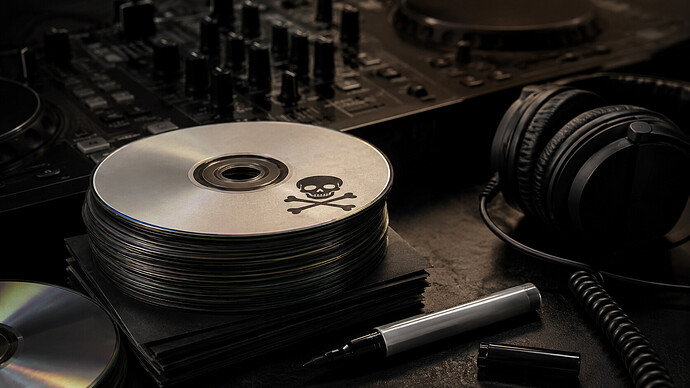 Stapel gebrannter CDs neben DJ-Equipment und Filzstift als Symbolbild für illegale CD-Remixe und Musikpiraterie