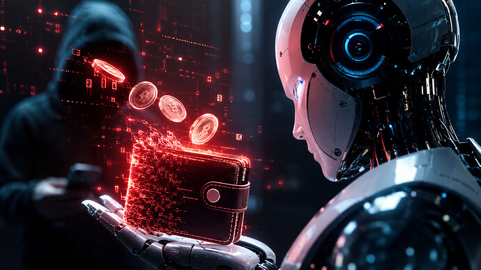 Cyberpunkartige Illustration eines humanoiden KI-Roboters mit digitaler Krypto-Wallet, während ein Hacker im Hintergrund einen Cyberangriff ausführt. Die Szene symbolisiert den Grok-Hack und die Risiken autonomer KI-Agenten im Kryptosektor.