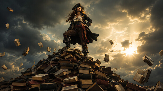 E-Book-Piratin gestoppt: Piratin steht triumphierend auf einem Berg aus Büchern