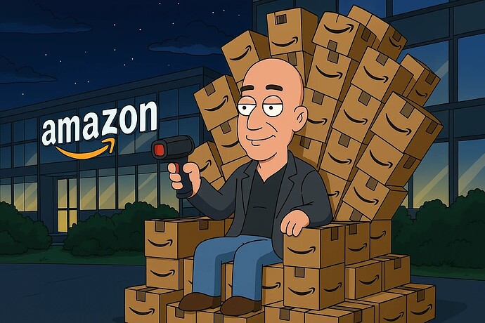 Jeff Bezos sitzt auf einem Thron bestehend aus Amazon-Kartons. Im Hintergrund ein Firmengebäude.