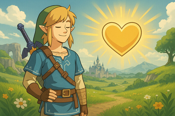 Link und der Herzcontainer als Symbol für Heilung, Balance und Wohlbefinden.