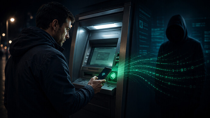 Illustration eines Reverse-NFC-Angriffs: Ein Nutzer hält sein Smartphone an einen Geldautomaten, während Cyberkriminelle die Transaktion manipulieren und Geld auf Täterkonten umleiten.