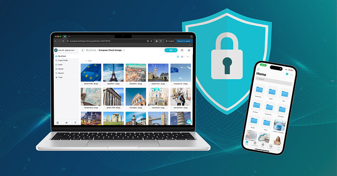 Ein Notebook, ein Handy und das pCloud-Symbol mit dem Schloss.
