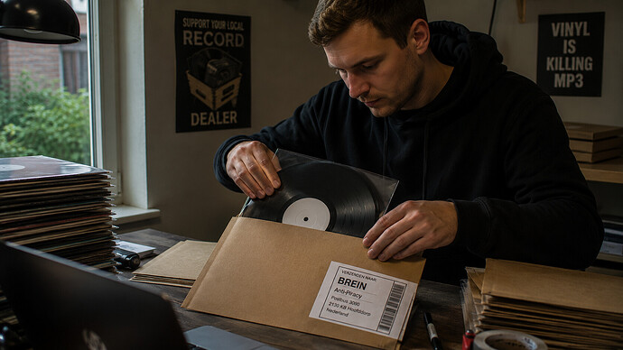 Mutmaßlicher Bootleg-Händler verpackt Vinyl-Schallplatte für einen BREIN-Testkauf in einem modernen Versandraum.