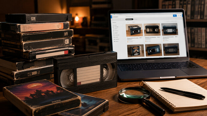 Alte VHS-Kassetten auf einem Schreibtisch neben einem Laptop als Symbol für den Online-Verkauf von Videofilmen und mögliche rechtliche Risiken.