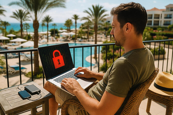 Urlauber am Strand mit Laptop und Smartphone – ein Symbol für den „Cyberurlaub“ und die digitale Sicherheit auf Reisen.