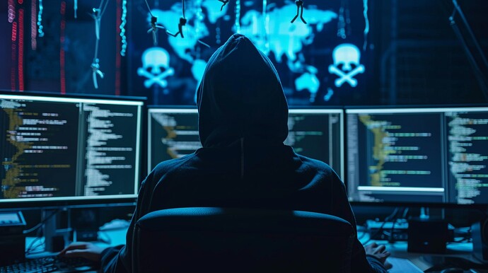 Ein Hacker mit Kapuzenpulli sitzt in einem dunklen Raum vor mehreren Bildschirmen, auf denen Codes und Totenkopfsymbole zu sehen sind