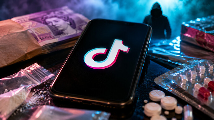 Smartphone mit TikTok-Logo neben Falschgeld, Drogen und verschreibungspflichtigen Medikamenten