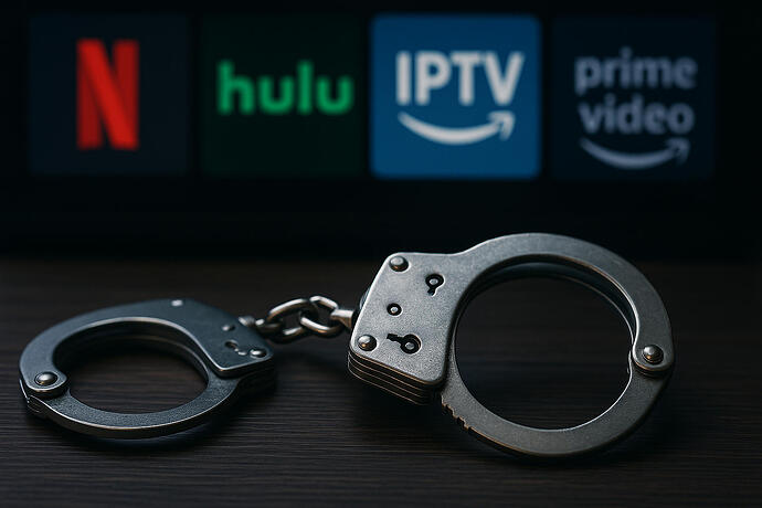 Auf einem dunklen Tisch liegen ein paar Handschellen, im Hintergrund sind unscharf die Logos von Netflix, Hulu, IPTV und Prime Video zu erkennen.