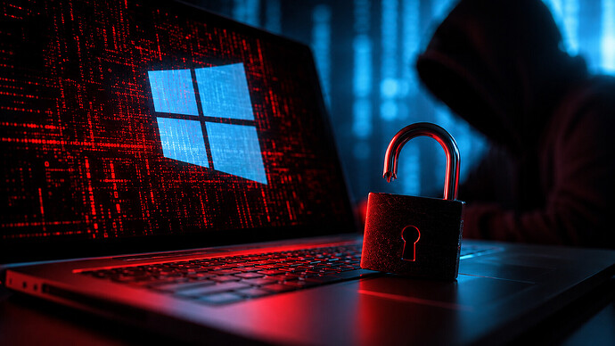 Laptop mit Windows-Logo, geöffnetem Vorhängeschloss und dunkler Hacker-Silhouette als Symbolbild für den BitLocker-Downgrade-Angriff BitUnlocker auf Windows 11.