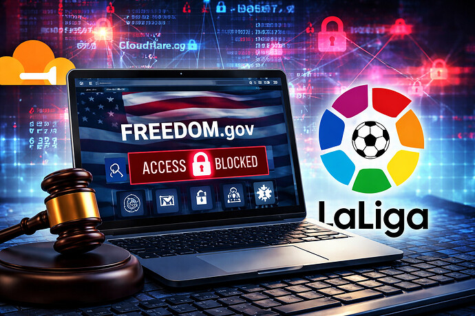 Durch Cloudflare-IP-Sperren geriet auch Freedom.gov ins Visier der spanischen Anti-Piraterie-Maßnahmen.
