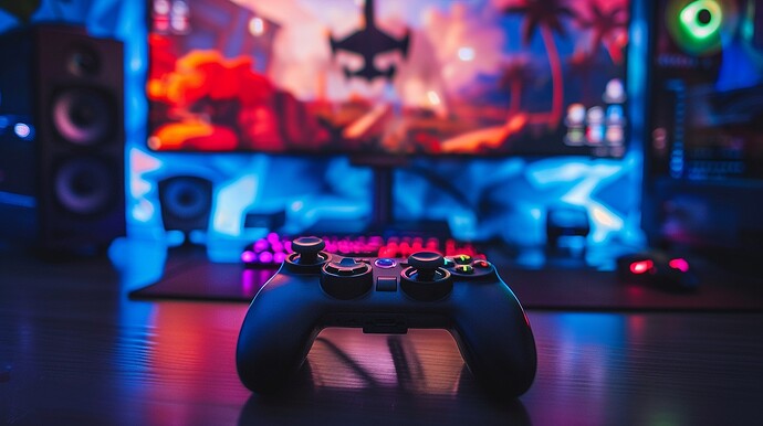 Nahaufnahme eines Gaming-Controllers im Vordergrund mit einem beleuchteten, animierten Gaming-Setup im Hintergrund