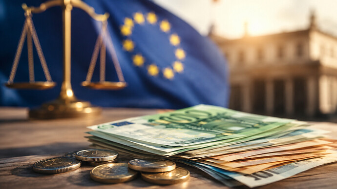 Euro-Banknoten vor EU-Flagge und Waage symbolisieren die Bargeldobergrenze 2027