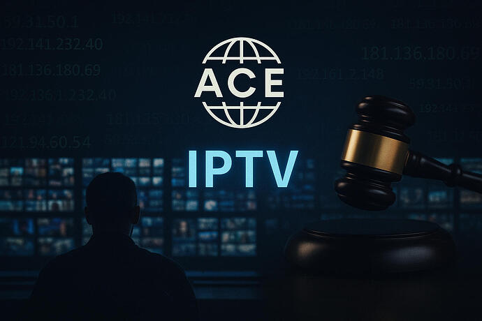 In einer dunklen Szene ist die Silhouette einer Person vor einer Wand mit Monitoren zu sehen, auf denen verschiedene Streaming-Inhalte laufen. Über der Szene ist das ACE-Logo mit dem Schriftzug „IPTV“ zu sehen. Rechts im Bild ist ein Richterhammer zu sehen, der juristische Schritte gegen IPTV-Piraterie symbolisiert. Im Hintergrund sind grüne IP-Adressen als Codezeilen zu sehen.