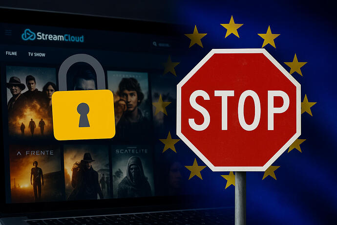 Ein rotes STOP-Schild vor einer EU-Flagge, im Hintergrund ist ein Computerbildschirm zu sehen, auf dem eine Streamingseite mit Filmvorschauen sowie ein gelbes Vorhängeschloss zu sehen sind.