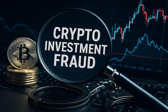 Symbolbild zum Thema Krypto-Betrug: Eine Lupe mit der Aufschrift „Crypto Investment Fraud“ ist zu sehen, daneben liegen Bitcoin-Münzen. Im Hintergrund ist ein fallender Finanzchart zu erkennen – ein Hinweis auf betrügerische Krypto-Investitionen und internationale Ermittlungen.