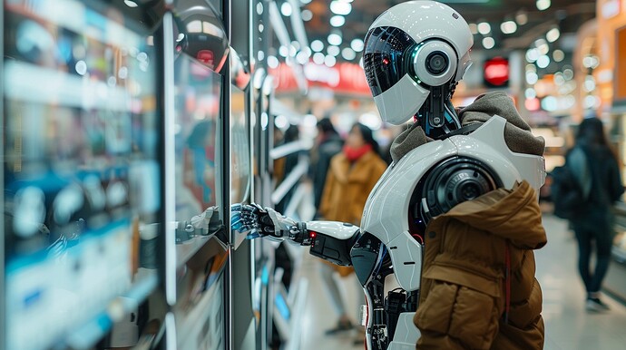 Ein futuristischer Roboter wählt in einem Supermarkt Produkte aus einem Regal aus.