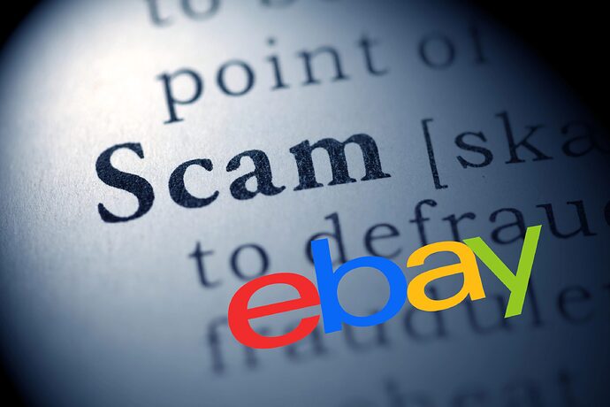 Ein Foto des Wörterbucheintrags des Wortes "Scam", die Begriffserklärung wurde mit dem Logo von eBay überlagert.