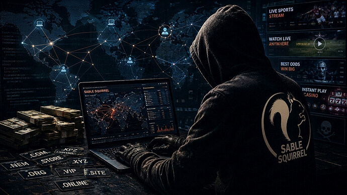 Sable Squirrel und das Streaming-Imperium mit Cyberkriminellem am Laptop, alten Domains und Malware