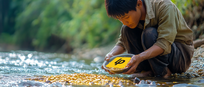 Ein Goldschürfer schürft das LiberaPay Logo aus einem Fluss