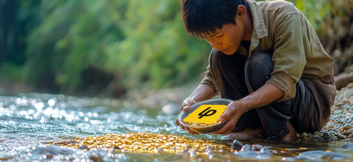 Ein Goldschürfer schürft das LiberaPay Logo aus einem Fluss