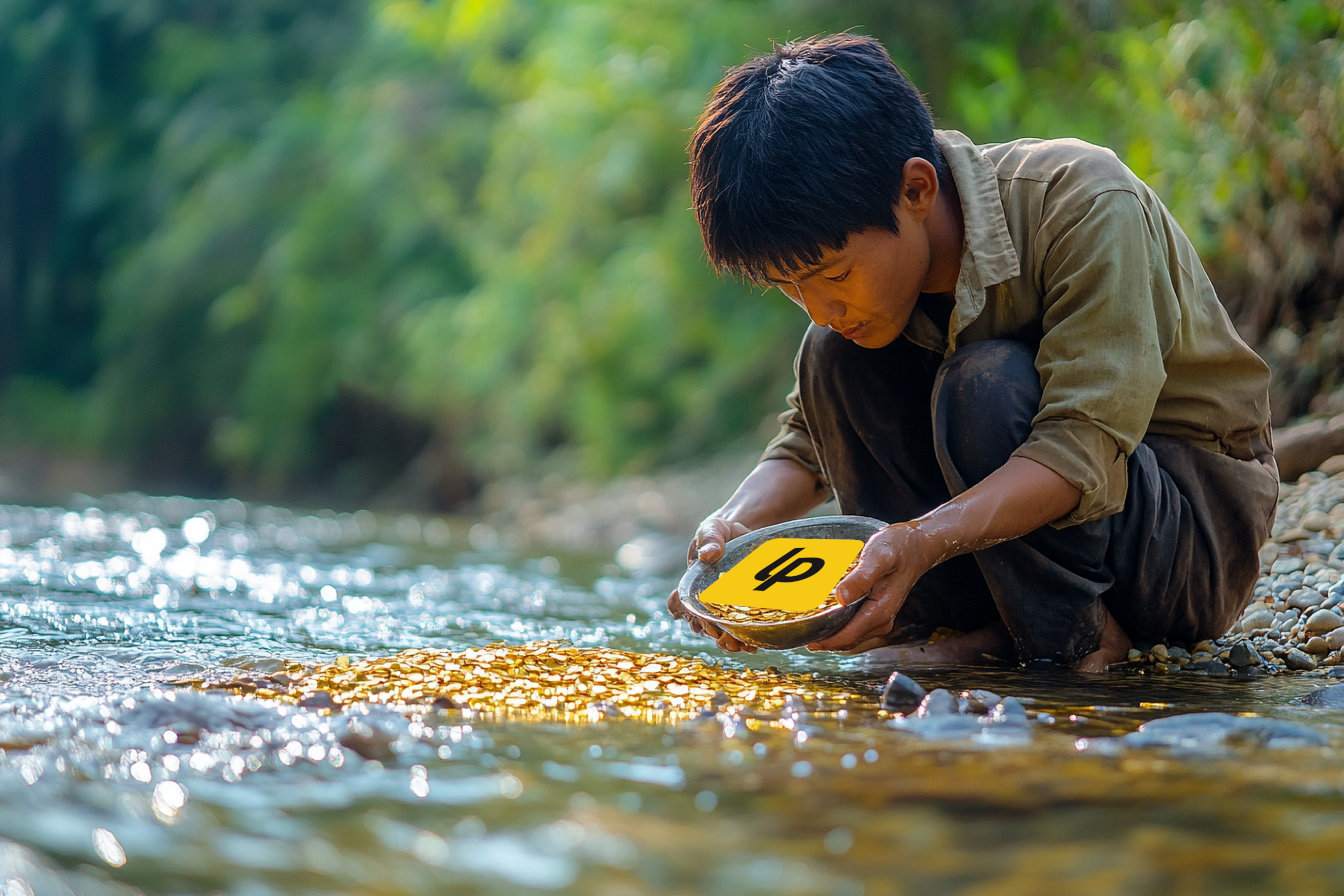 Ein Goldschürfer schürft das LiberaPay Logo aus einem Fluss